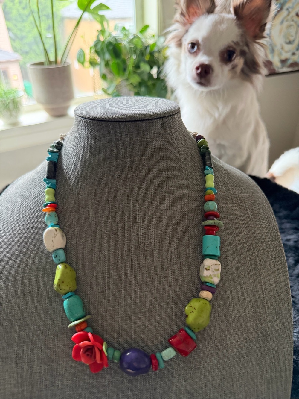 Colorful Mixed Stone Beaded Necklace with Red Flower Accent